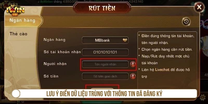 Lưu ý điền dữ liệu trùng với thông tin đã đăng ký